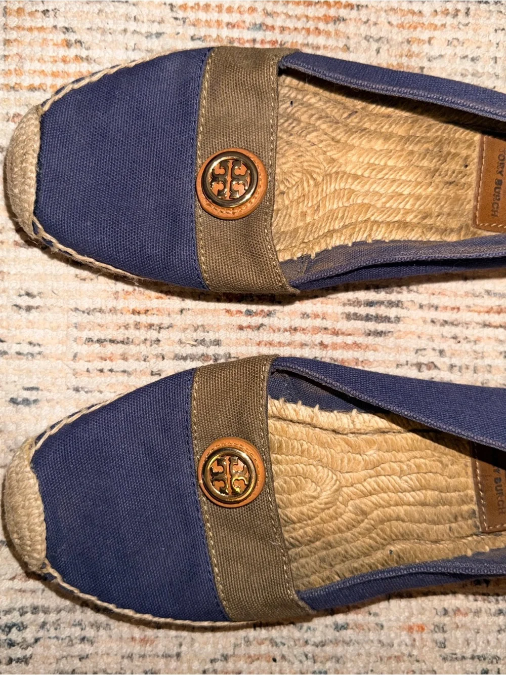 Tory Burch Navy Canvas Espadrille Flats with Brown Accent Medallion Size 7
